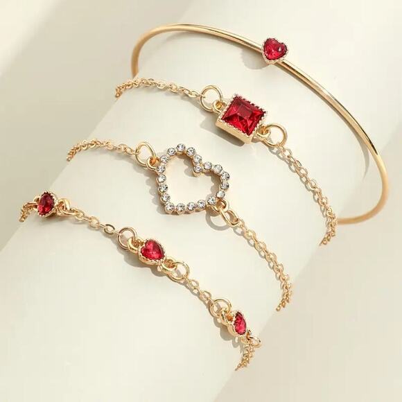 NEW 4pcs Gold Bracelet Set – Red Rhinestones, Heart & Square Charms, Stackable - Picture 2 of 4